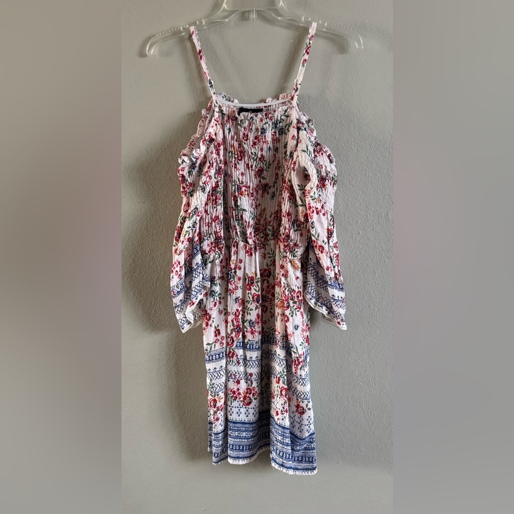 Angie Women's Smocked Bodice Cold Shoulder Dress Floral Small Adjustable Straps - Picture 3 of 9